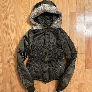 ADELE FADO Cinched Down Puffer Bomber Jacket Olive Green Fur Hood Coat 2 -REPAIR